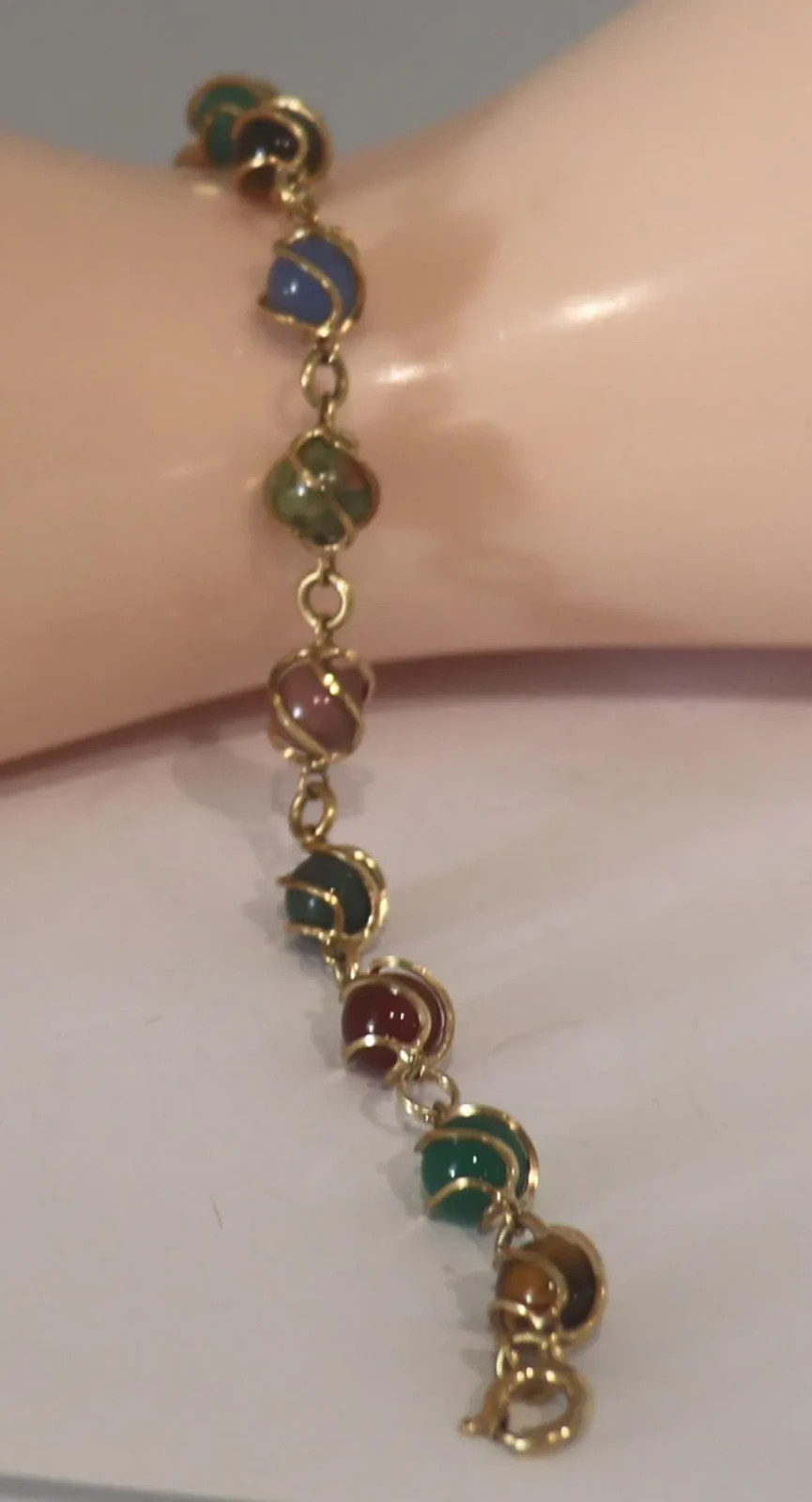 Vintage 12k Gold Filled Real Stone Bracelet Tigers Eye Carnelian Agate Jade