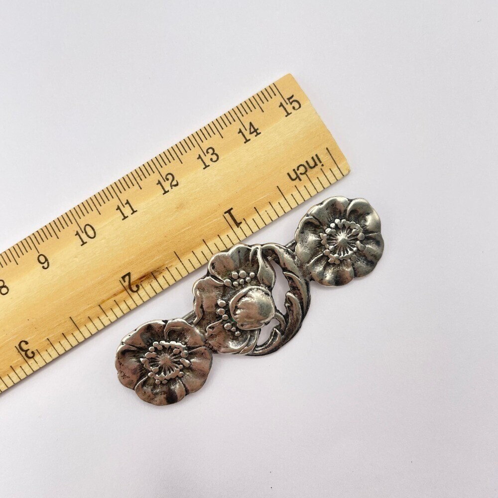 Vintage Sterling Silver Art Nouveau Poppy Flower Brooch Pin Sterling Repousse