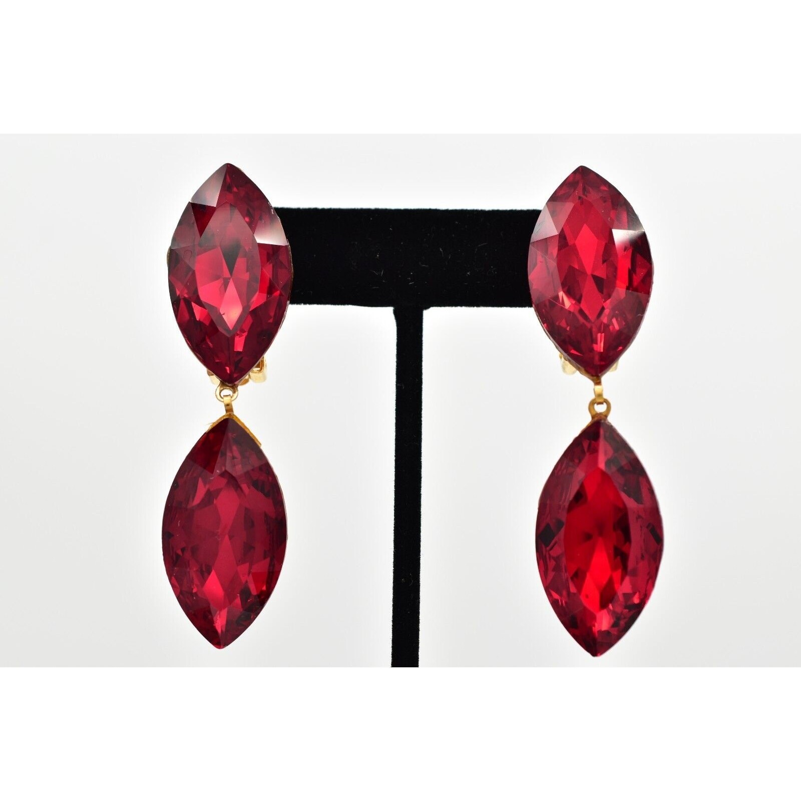Vintage Red Crystal Clip On Earrings Drop Dangle Chunky Sparkling 1980s BinBK