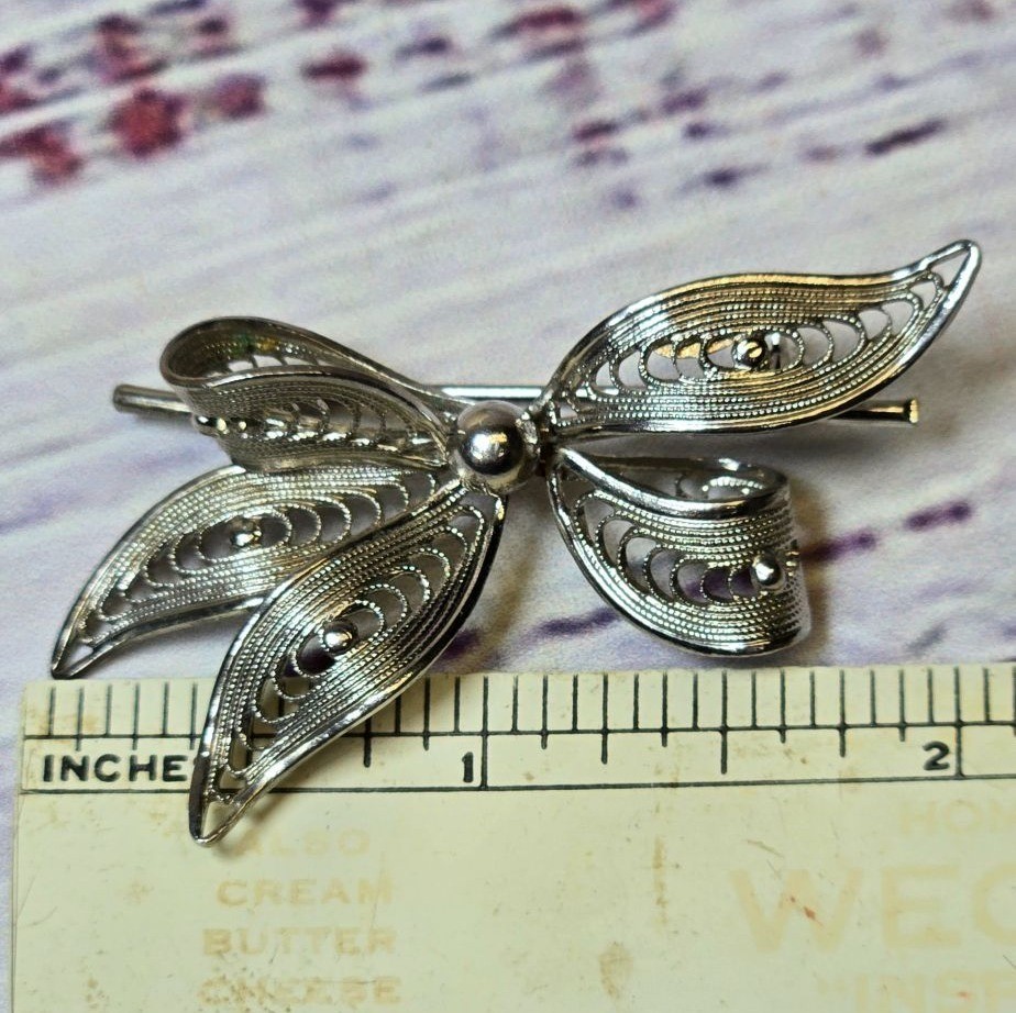 Antique Western Germany1940’s Silver Tone Filigree Bow Pin Brooch Jewelry signed
