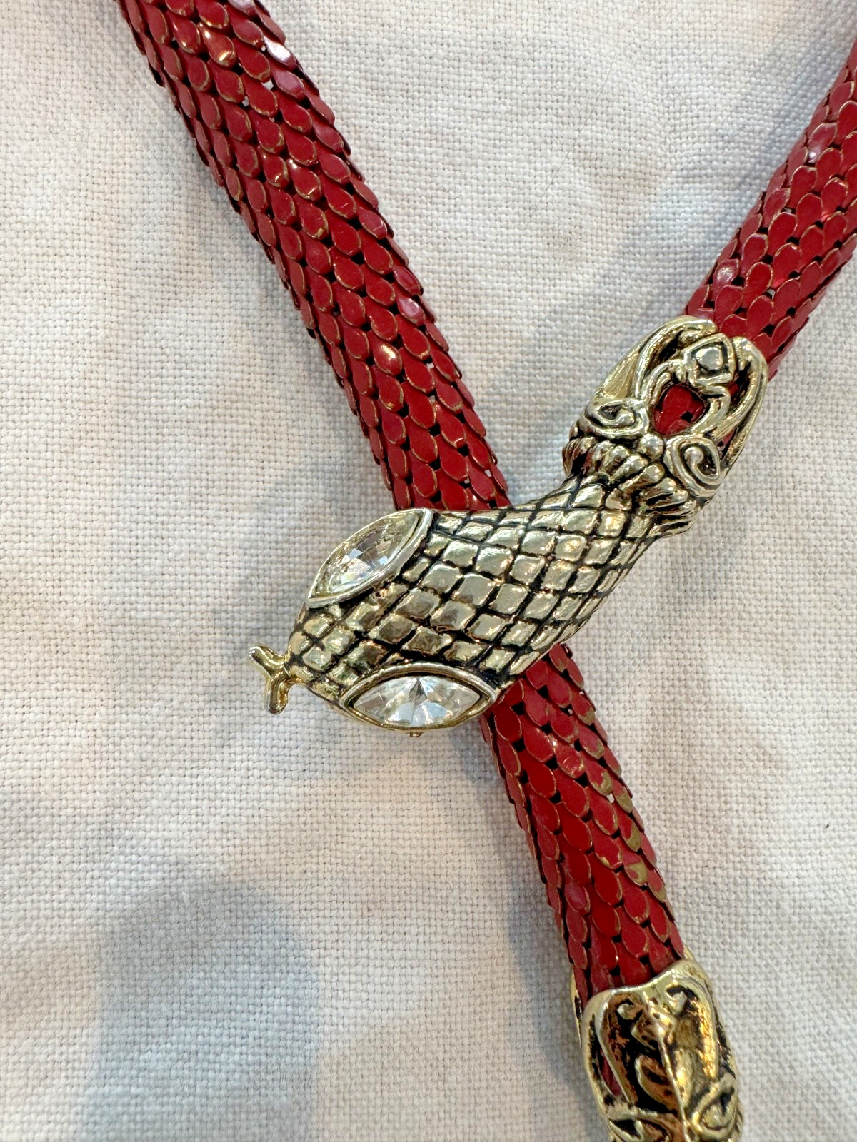 DL Auld Gold Red Mesh Snake Choker Necklace Rhinestone Vintage
