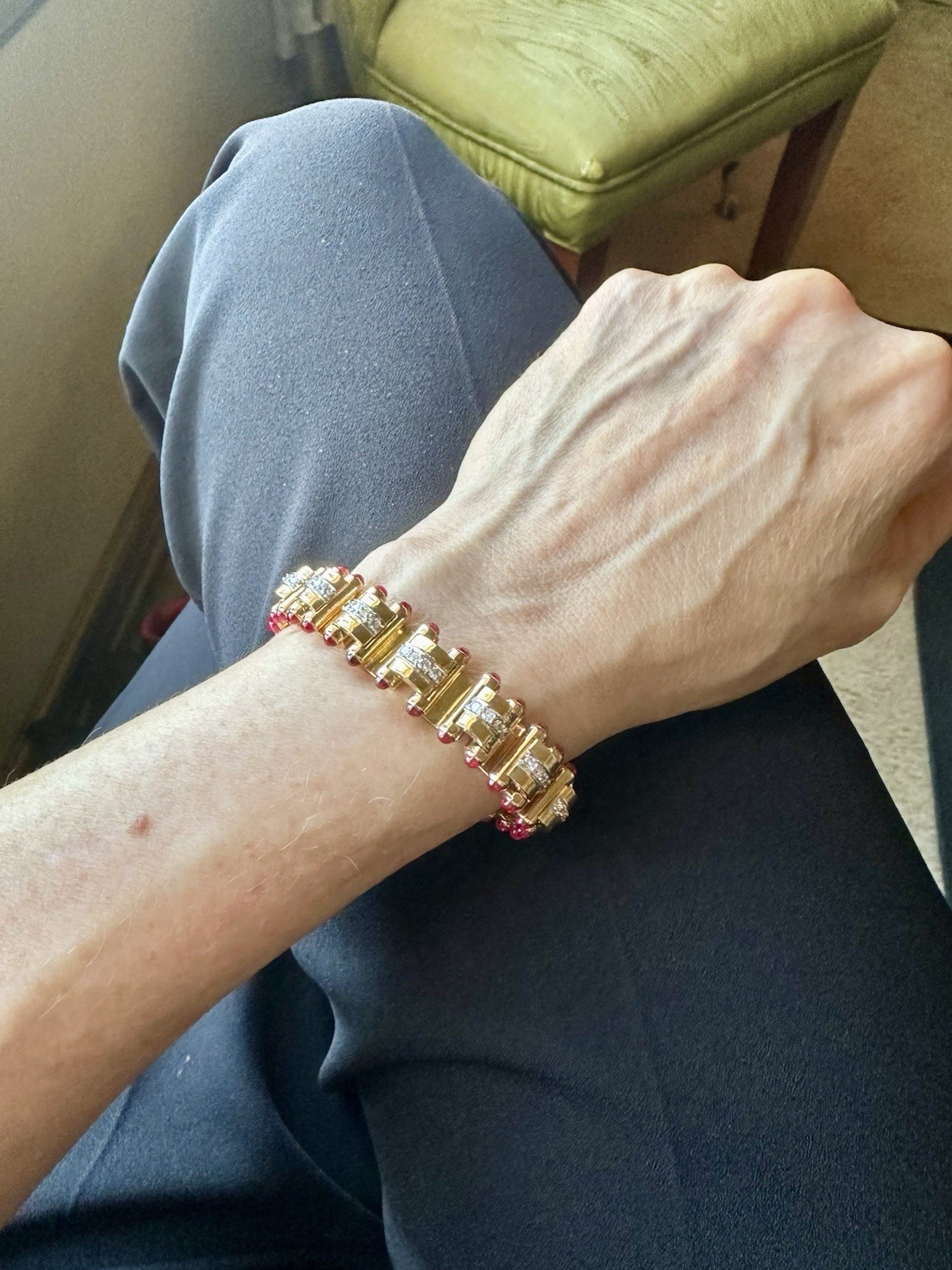 Signed J. Roca Retro Diamond & Cabochon Ruby Bracelet – 18k Rose Gold