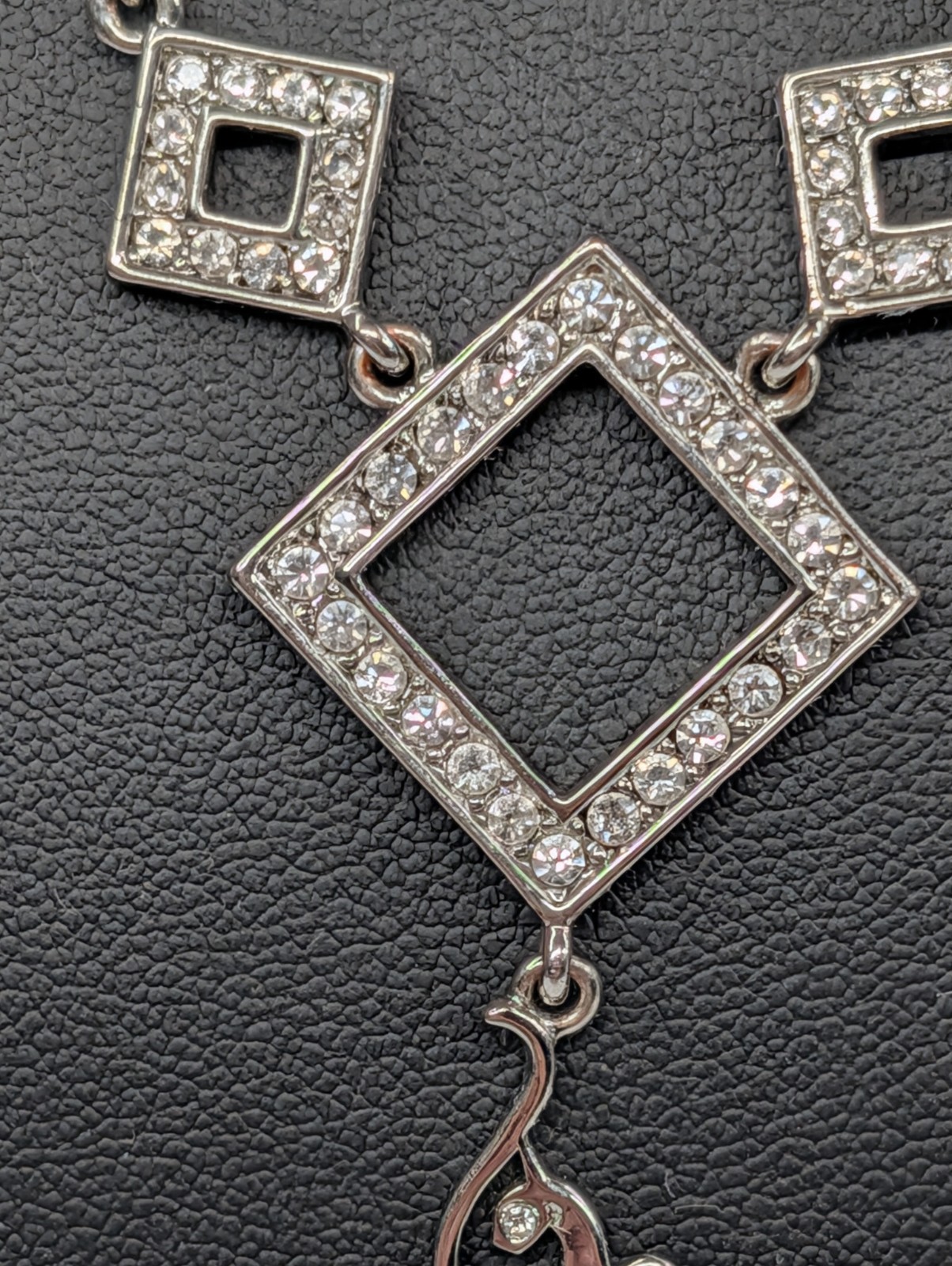 Baby Phat Signed Rhinestone Geometric Station Necklace Cat Logo Charm Silver 18″