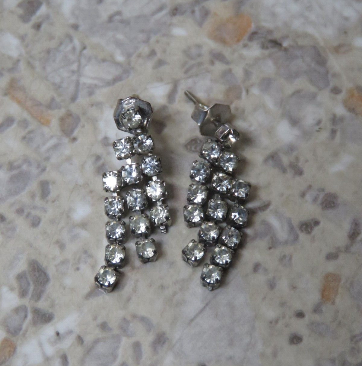VTG Silver Rhinestone Triple Row Dangle Drop Tassel Post Pierced Earrings 1″