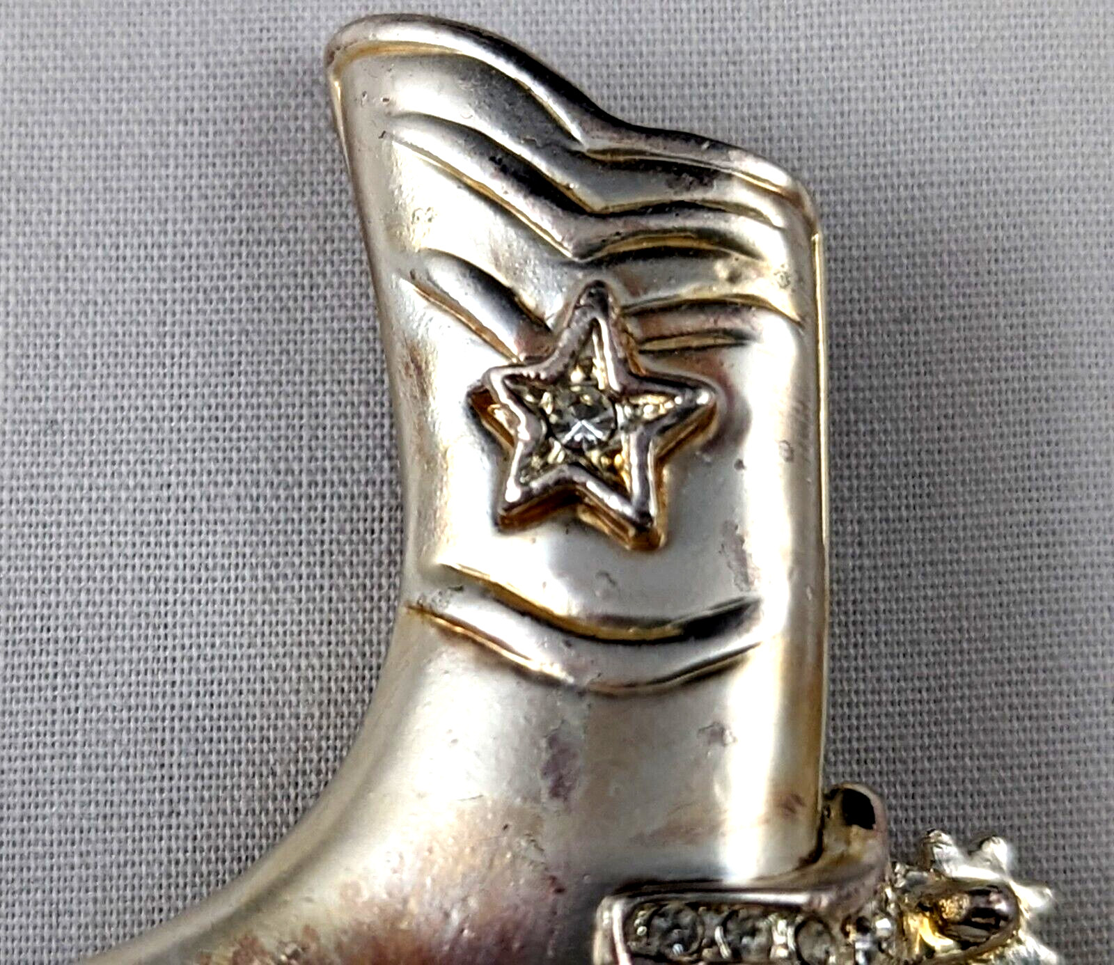 VTG Brooch Pin Cowboy Boot with Spur Crystals Silver Tone Western Rodeo