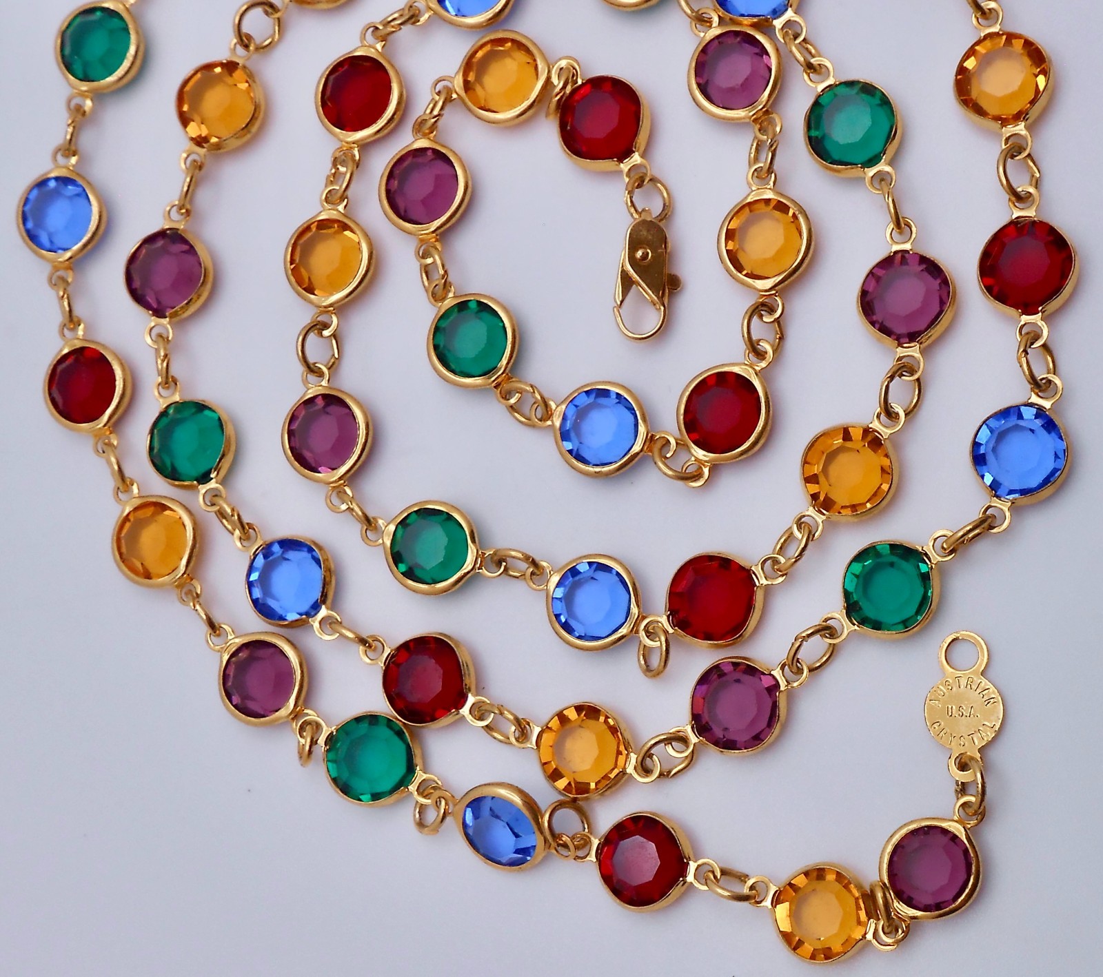 Vintage Austrian Crystal USA Multicolor Crystal Bezel Necklace 35″ Long N37