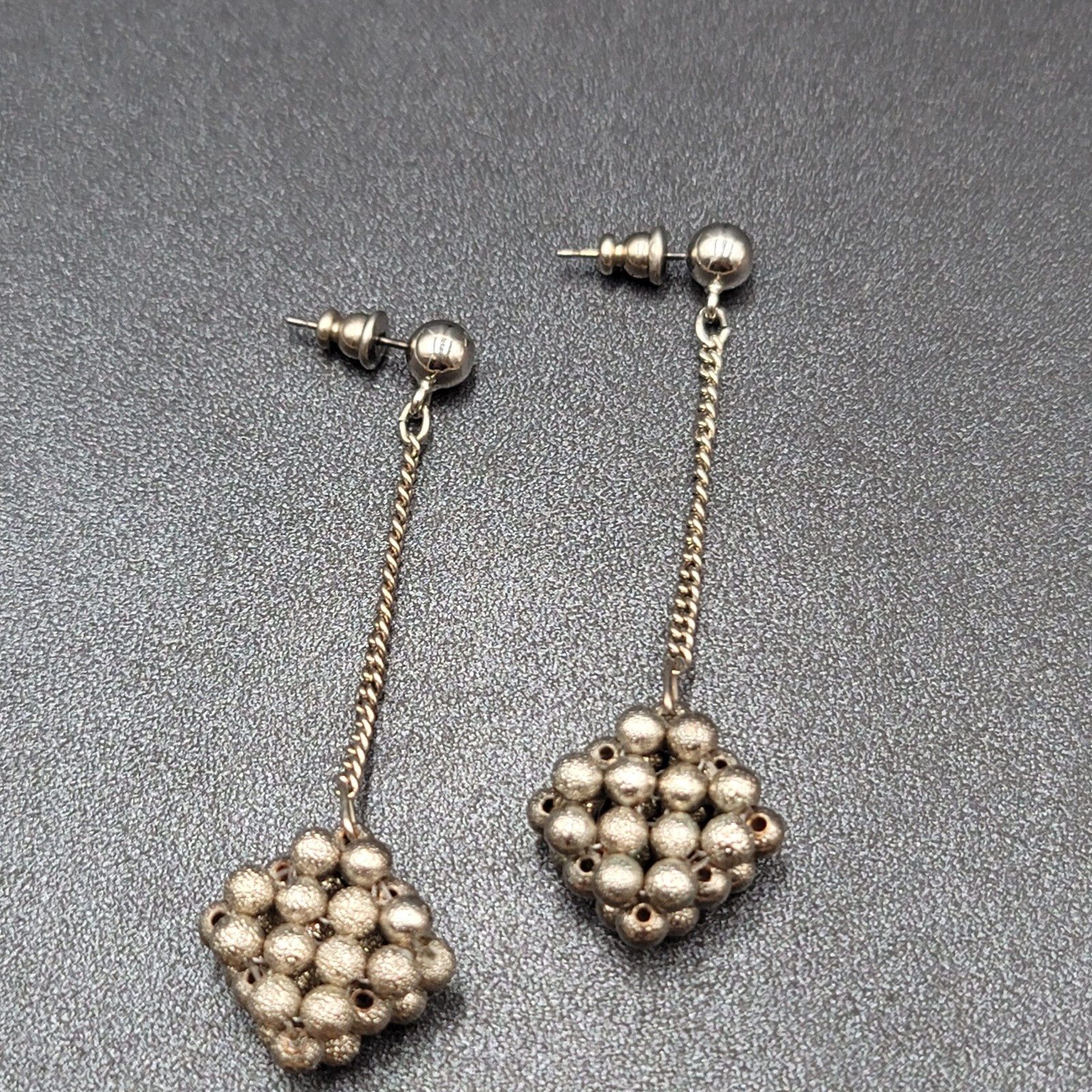Vintage Pierced Earrings Silver tone Bead Cluster Dangle Unique 2.5″