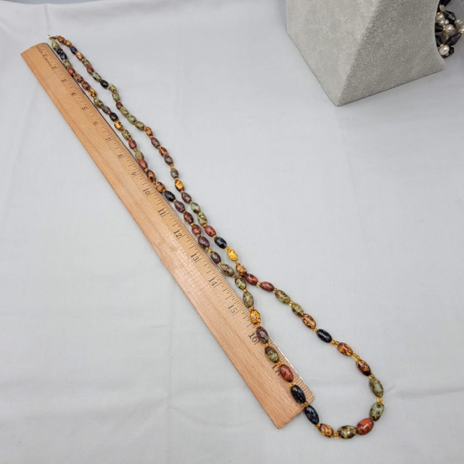 Vintage Multicolor Earth Tones Beaded Necklace Gold tone 40″