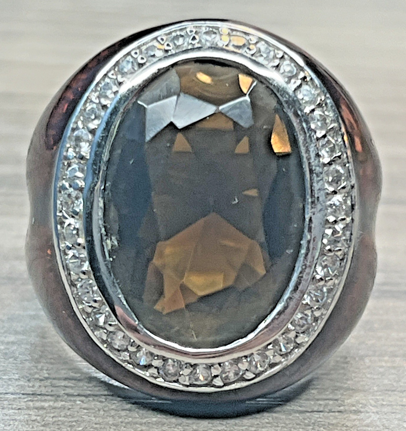 Men’s Vintage Pinky Ring Huge Brown Stone Enamel Rhinestone Halo Silvertone DBJ