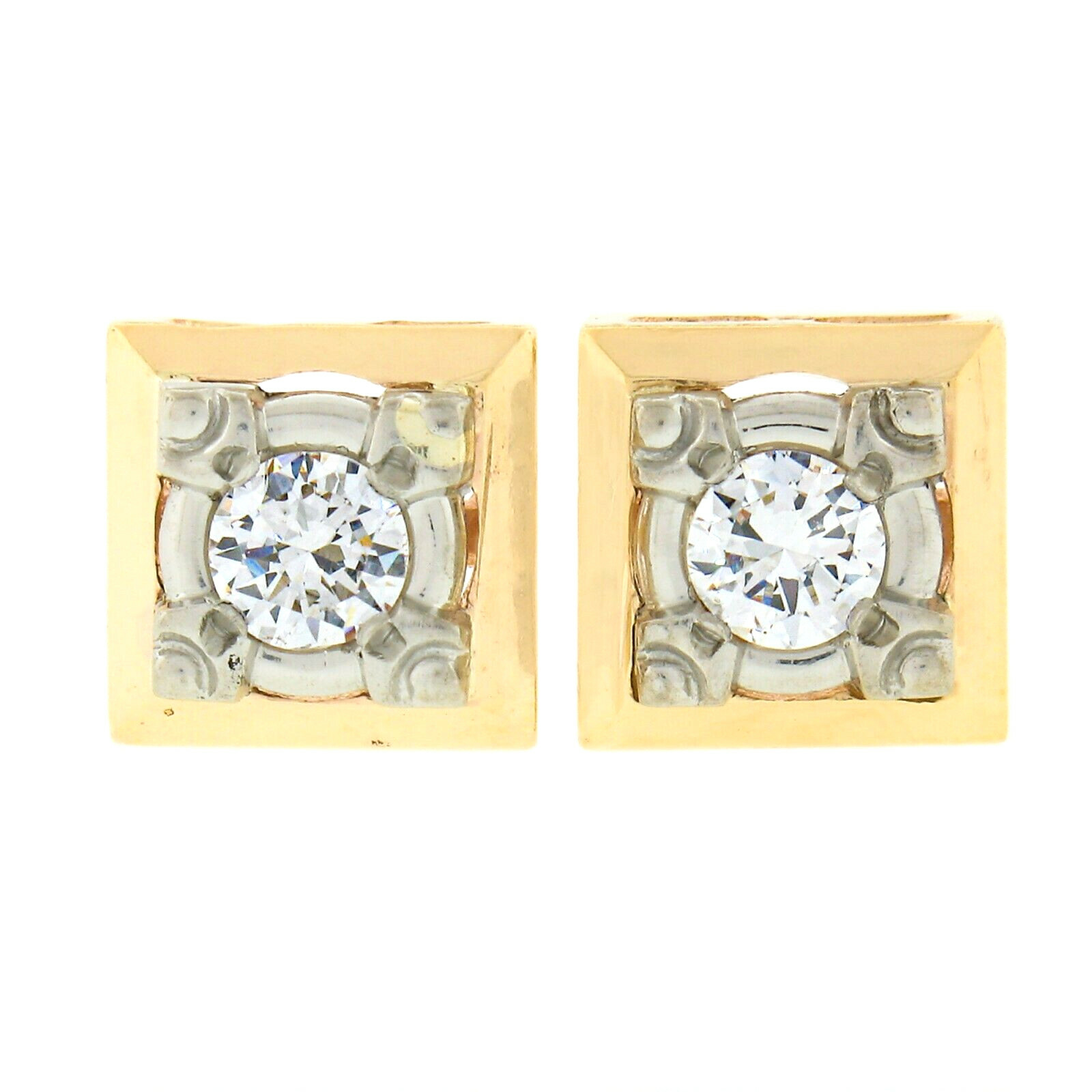Vintage TT Gold .35ct Round Brilliant Diamond Polished Square Stud Earrings