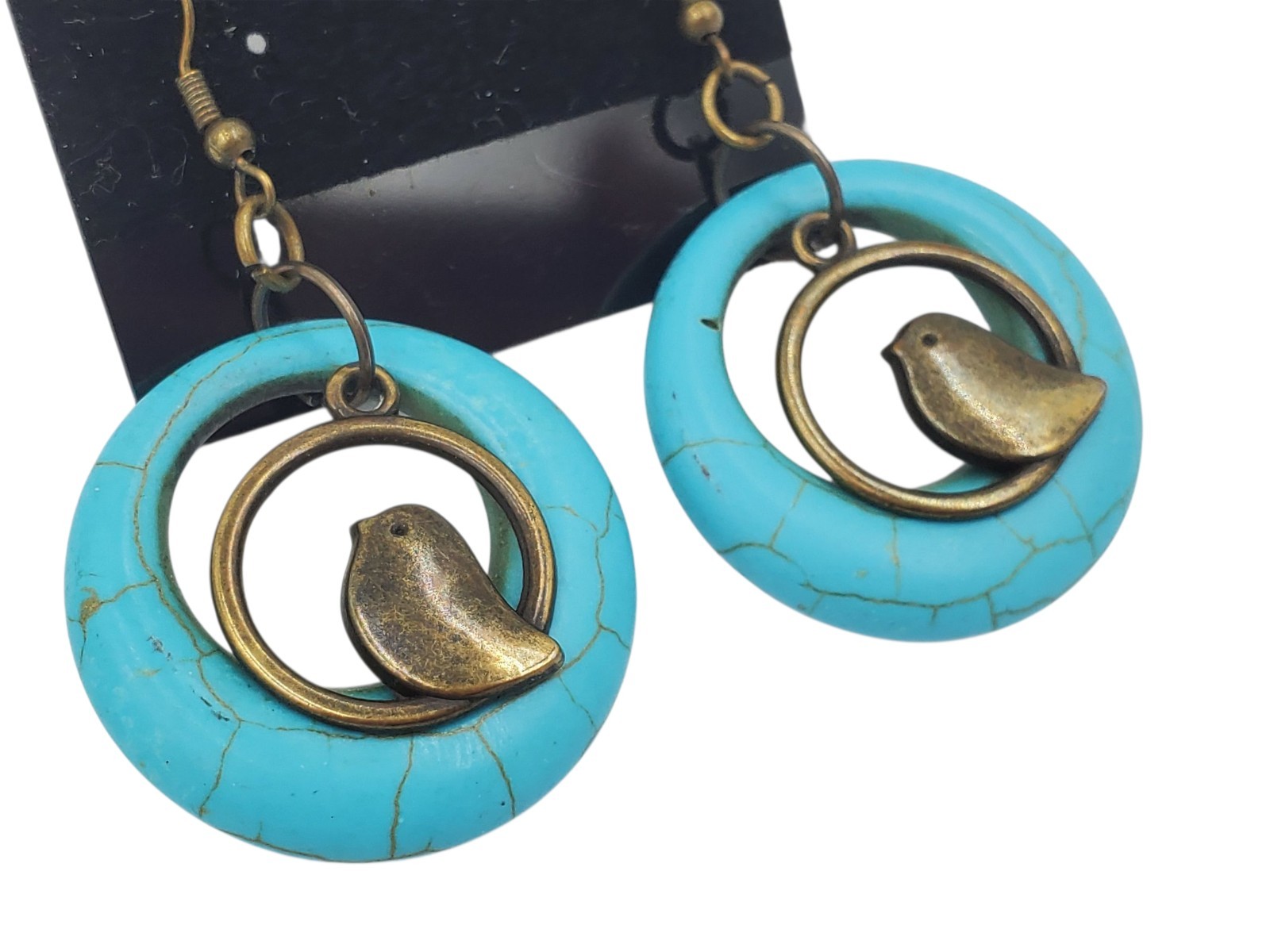 Vintage Brass and Blue Dyed Howlite Circles Dangle Bird Hook Pierced Earrings