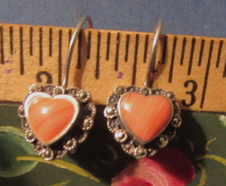 VINTAGE STERLING SILVER SIGNED FAS CORAL & MARCASITE HEART SHAPE EARRINGS