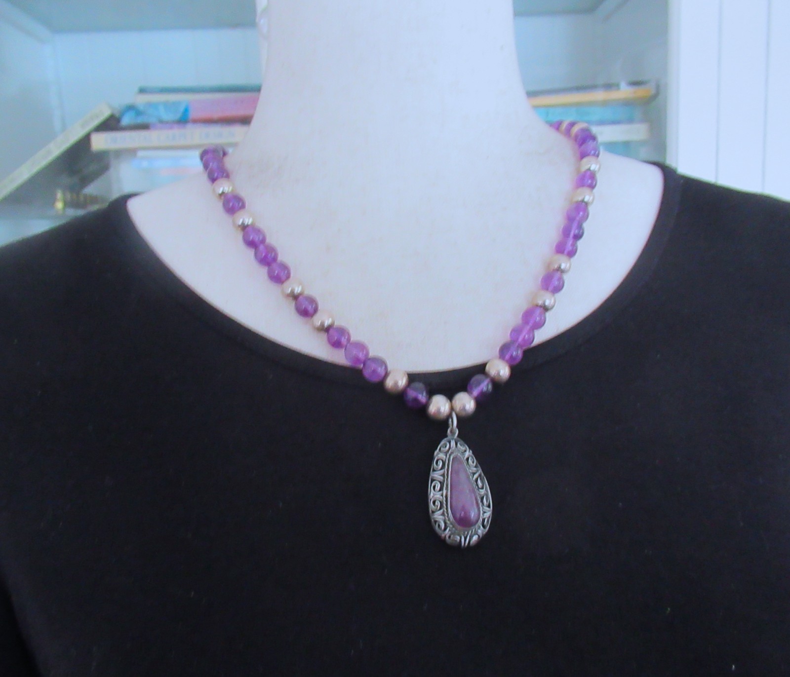 STERLING & AMETHYST MEXICO PENDANT & NECKLACE, 22 INCHES, 8.5MM WIDE, 49 GRAMS