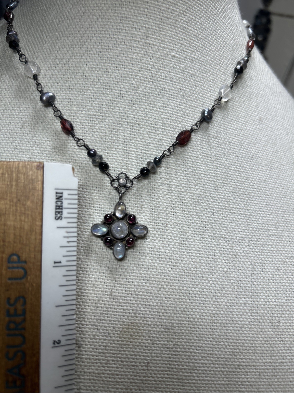 34. Vintage 925 Sterling Wire Wrapped Multi Gemstone Link Cross Necklace 16″