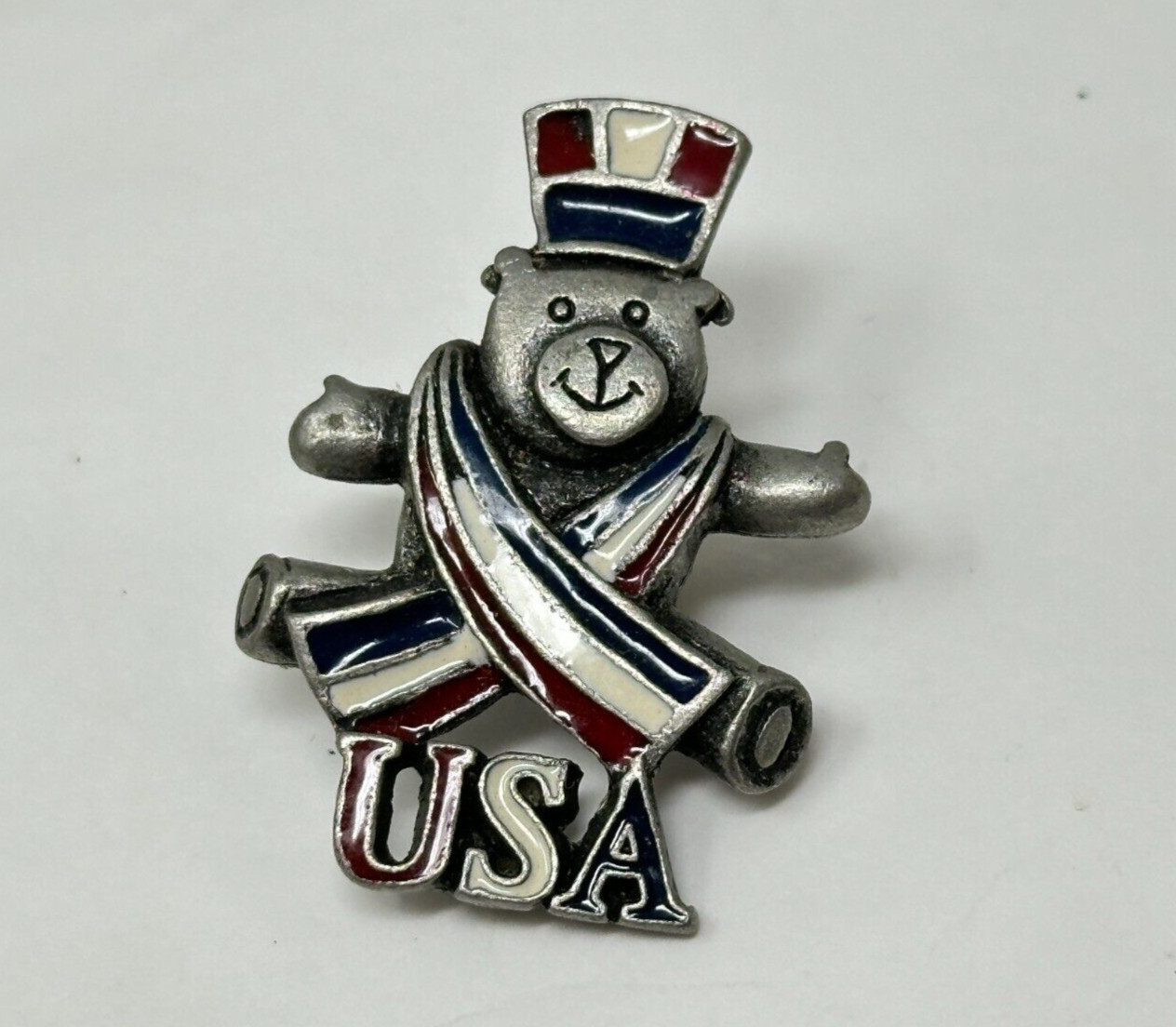 Vintage Ballet Pewter Red White Blue Enamel Patriotic USA Teddy Bear Lapel Pin