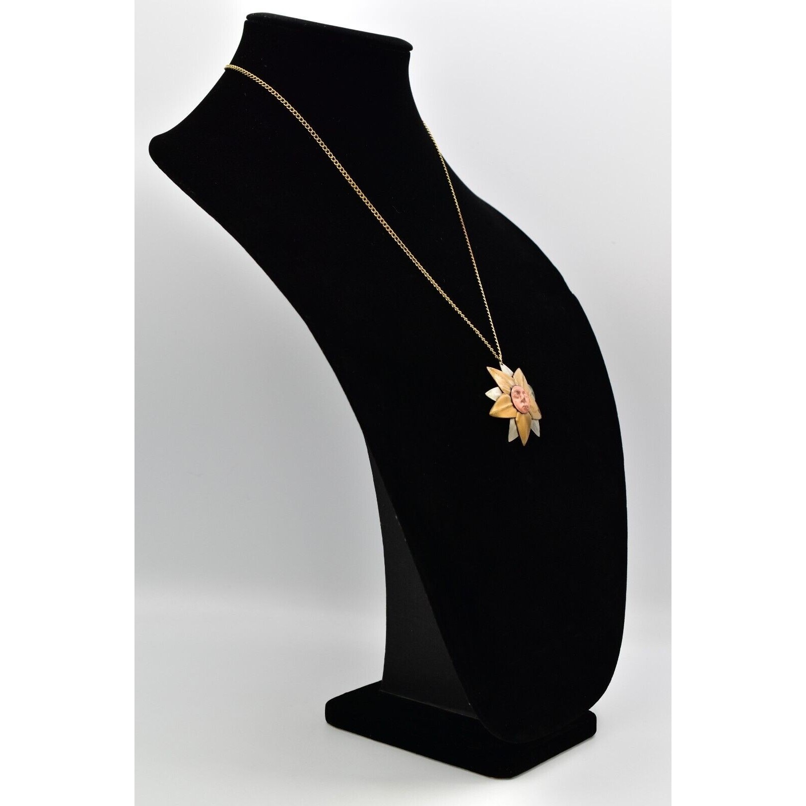 Vintage Sun Flower Pendant Necklace Copper Gold Silver Mixed Metal 1970s BinBH