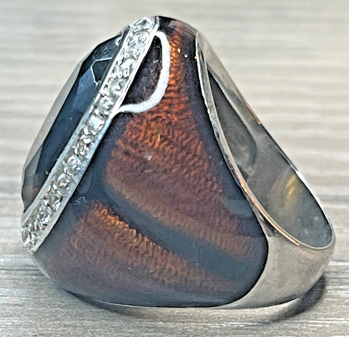 Men’s Vintage Pinky Ring Huge Brown Stone Enamel Rhinestone Halo Silvertone DBJ