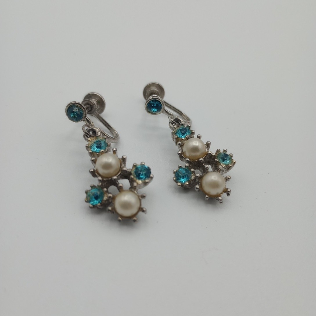 Vintage Light Blue Green Rhinestone and Pearl Screw on Drop Earrings Estate