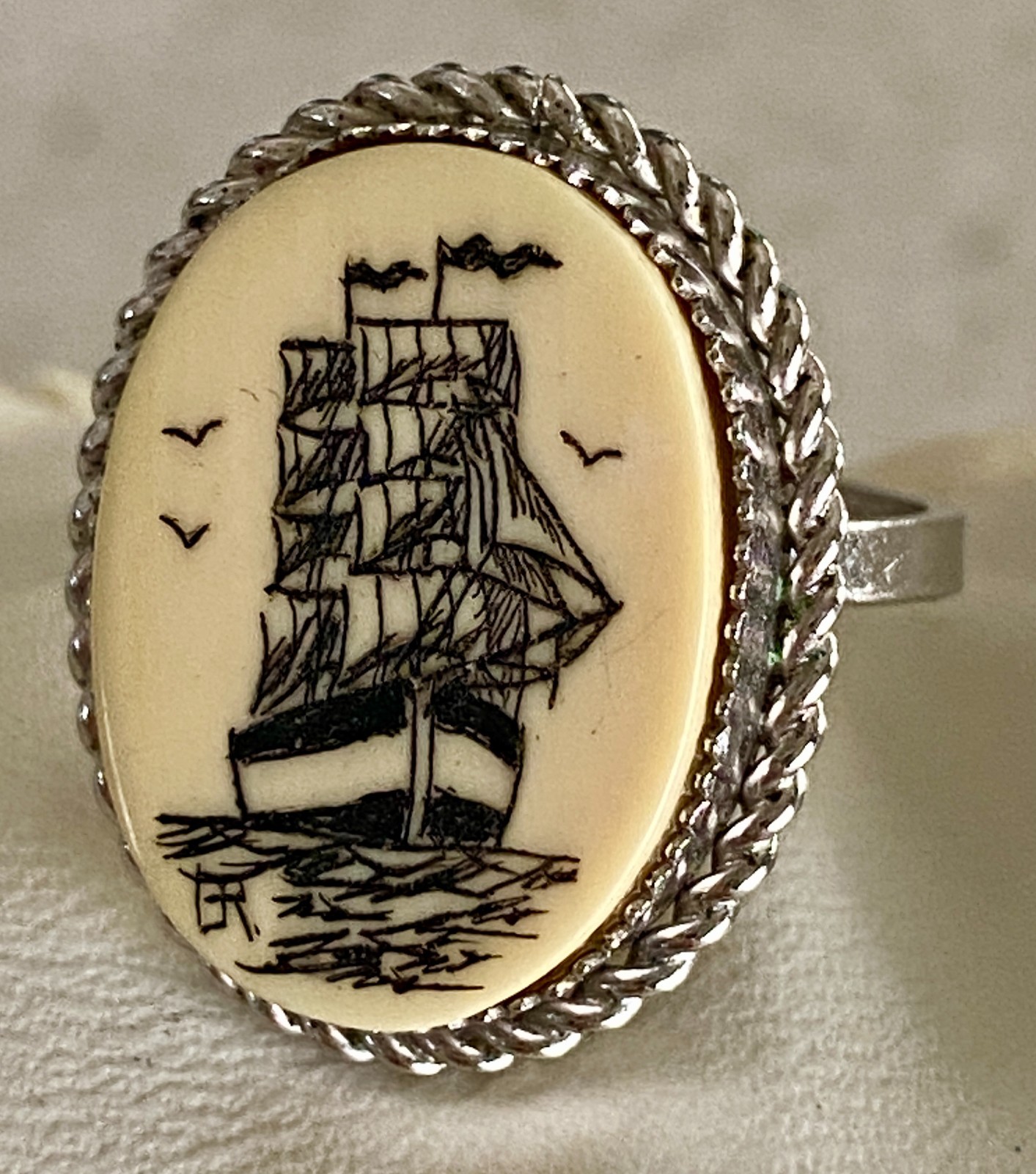 Vintage Sailing Ship Sterling Silver Ring Size 6.5 Maritime Oval Ladies