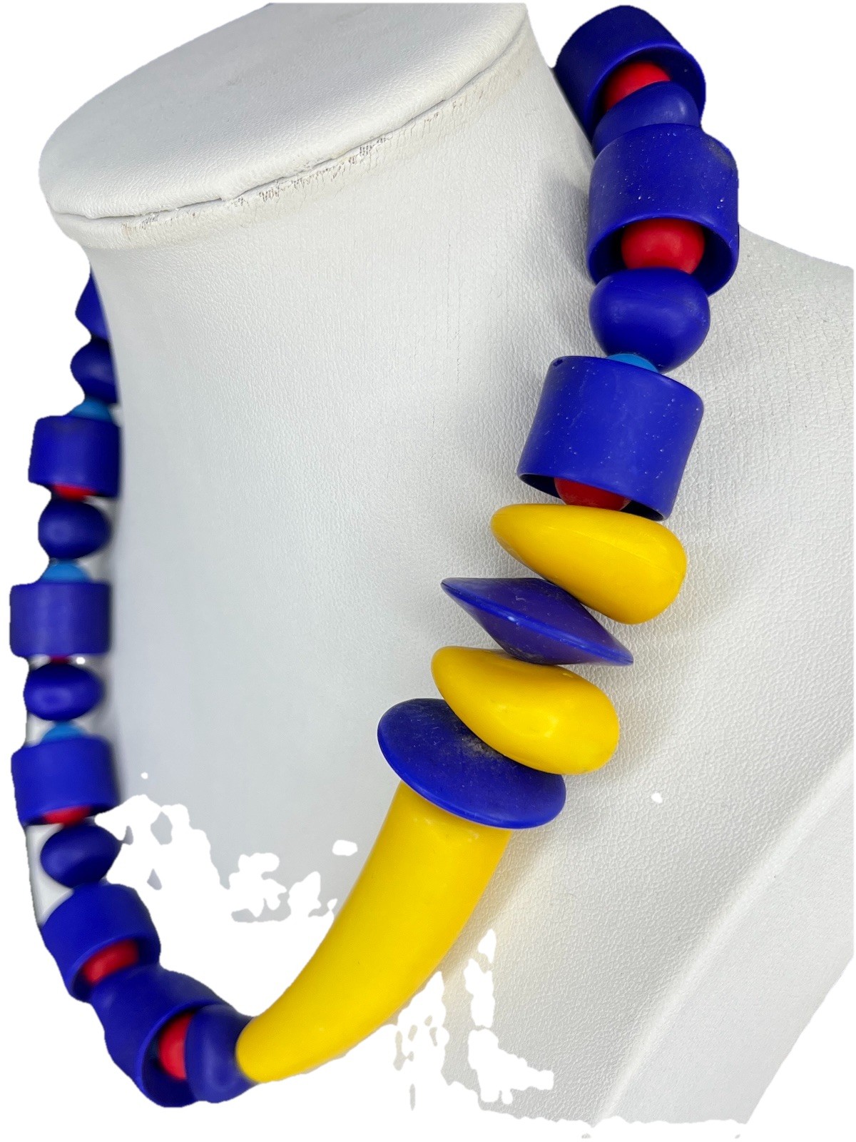 Vtg Modernist Beaded Necklace Bauhaus Red Yellow Blue Plastic Statement Choker