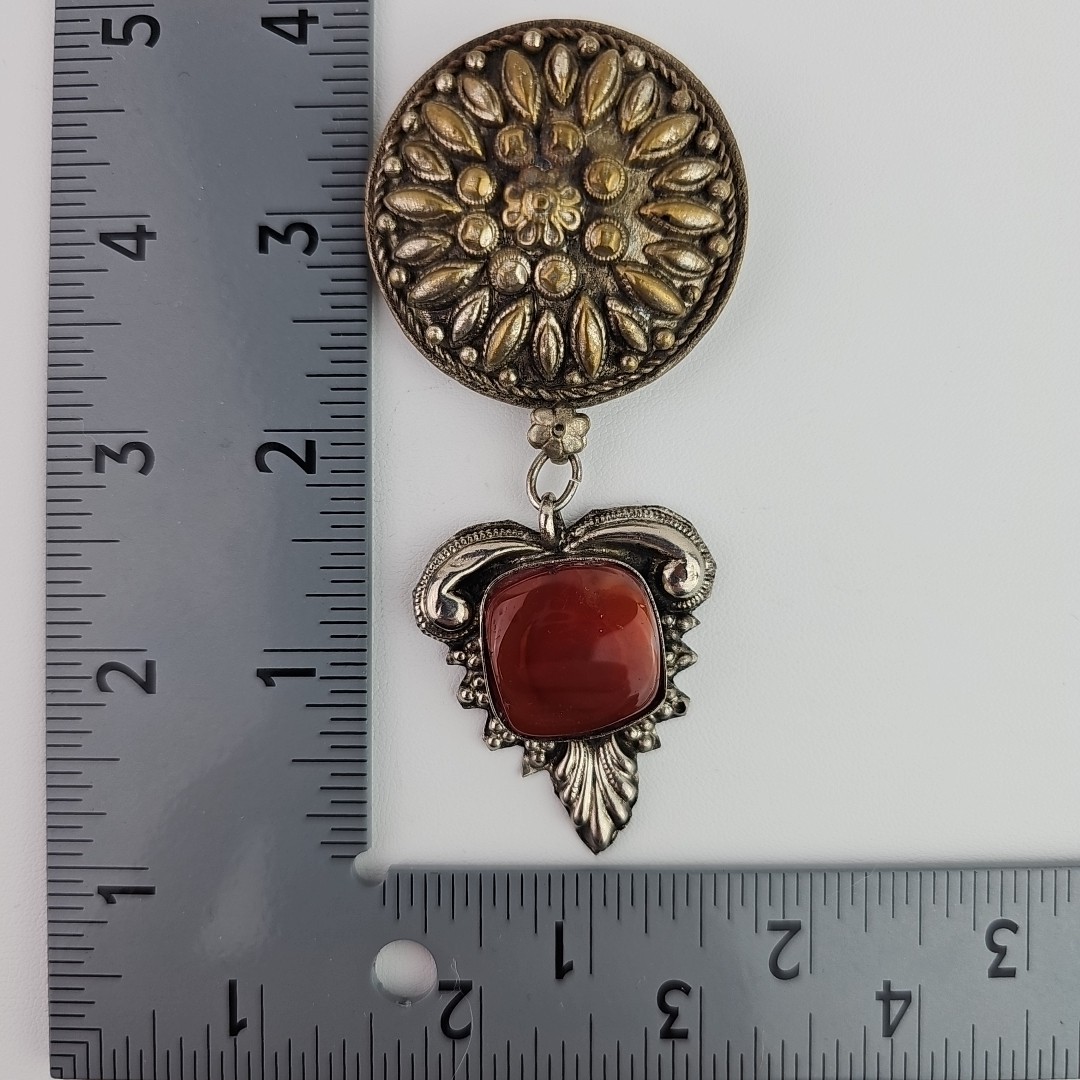 Vintage Ethnic Style Dangle Brooch Silver Tone Glass Cabochon 1930s to 1950s
