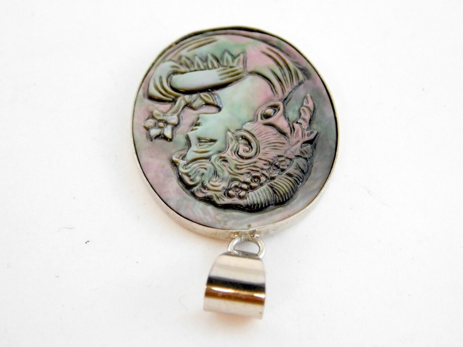 LS China Silver Tone Metal and Carved Abalone Shell Cameo Pendant 6.5g 2 Inches