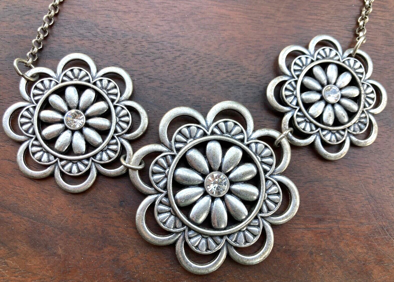 Silver Metal & CZ Statement Collar Flower Necklace Signed ‘GA’ 18-20″