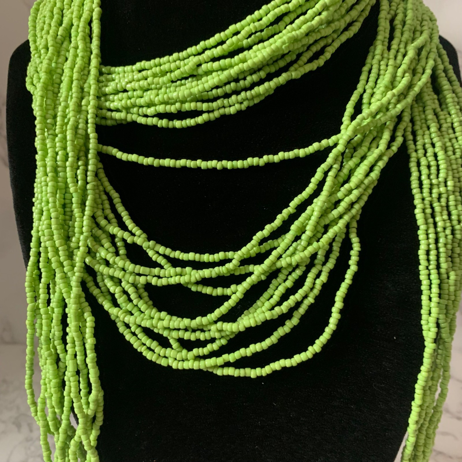 Handmade Wrap Scarf Necklace Multi-Strand Green Glass Beaded Shell Beach 60″ Vtg