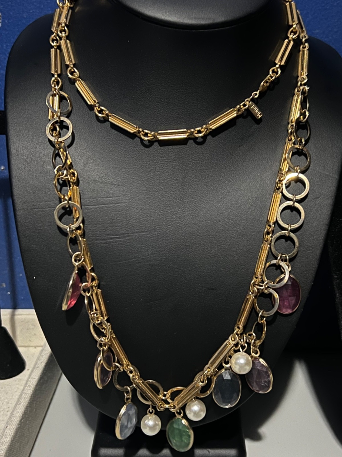 Vtg MONET Gold-tone Oval & Bar Link Station Necklace w/ Faux Gemstone & Pearls
