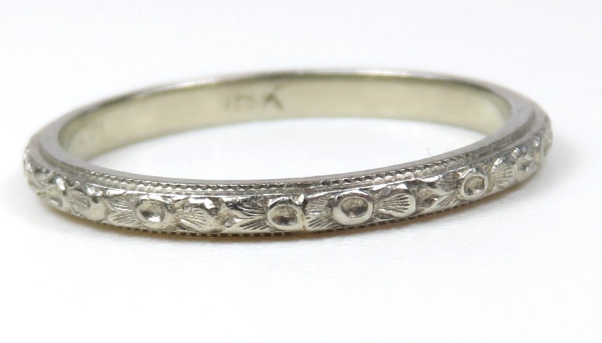 Antique Art Deco Wedding Band 18K White Gold Ring Size 4.5 UK-I Width 1.77 MM