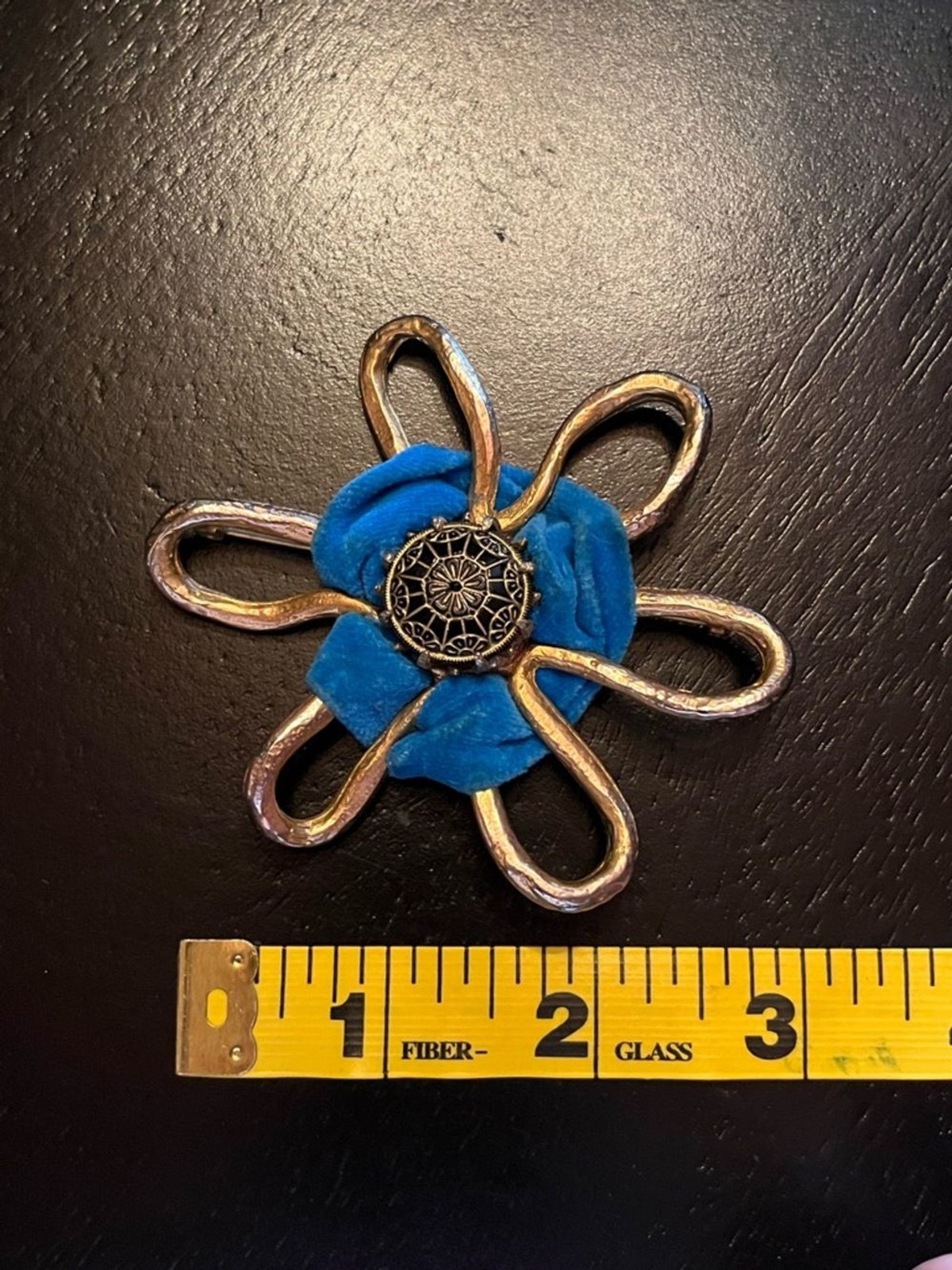 Vintage Floral Metal & Teal Velvet Brooch with Ornate Center Lester Joy