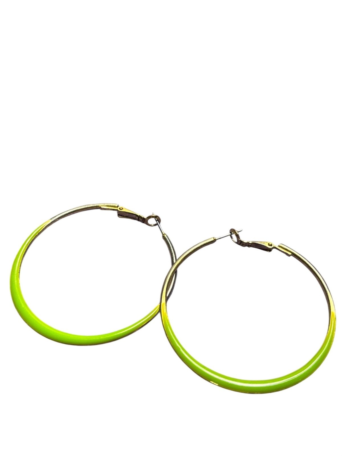 Vintage Y2K Goldtone Lime Green Enamel Hoop Earrings 2 inches