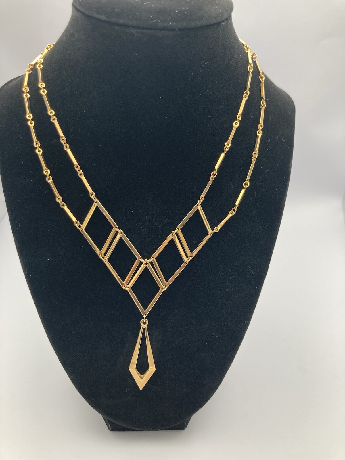 Vintage Sarah Coventry Geometric Gold-Tone Necklace 17.75” Long Fish Hook Clasp