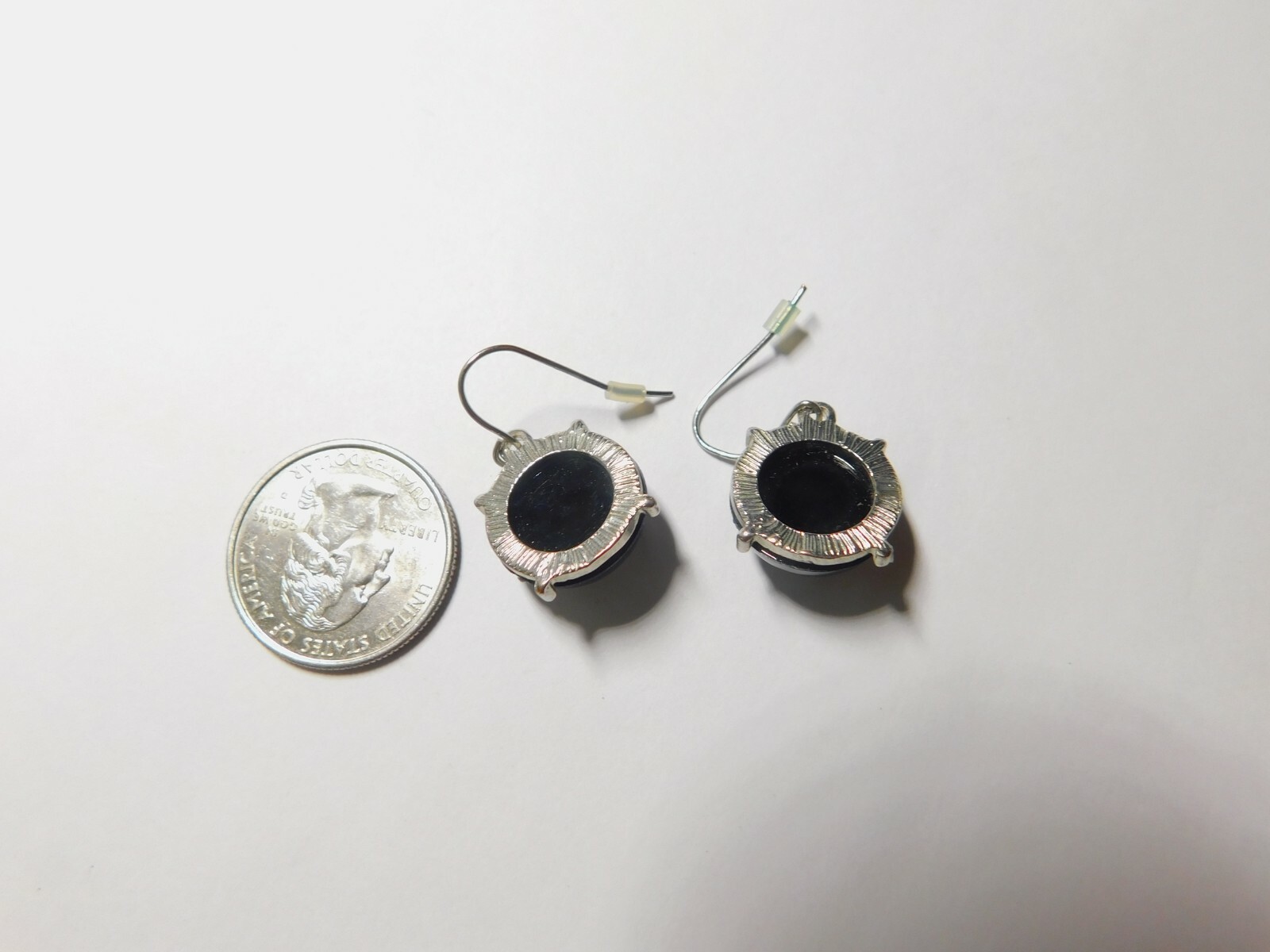 Black Plastic Silver Tone Metal Dangle Pierced Earrings Vintage