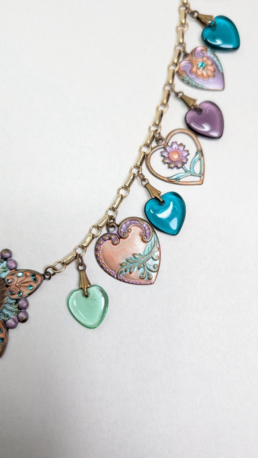 Vintage Glass Works Studio Heart Charms Multicolor Hearts Theme Necklace 30 In