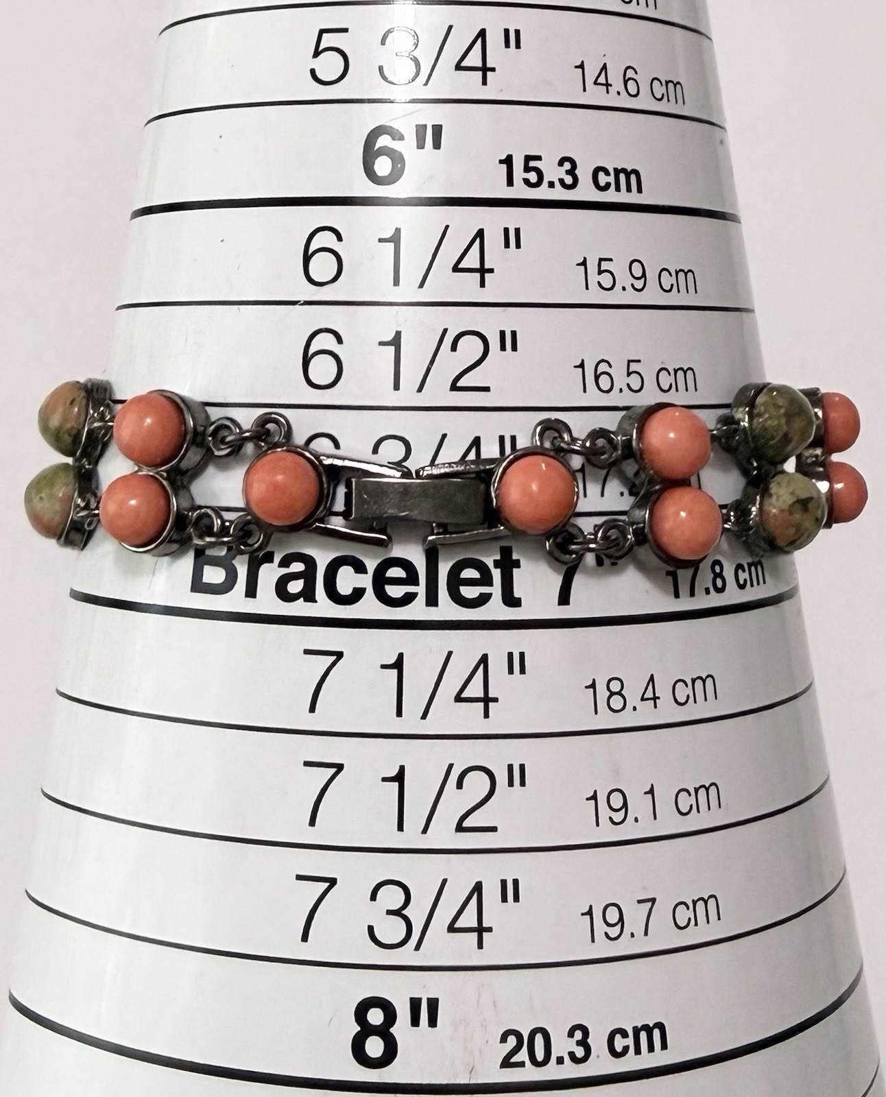 Vintage Oval Green Unakite & Round Salmon Pink Bead Gunmetal Link Bracelet 7”