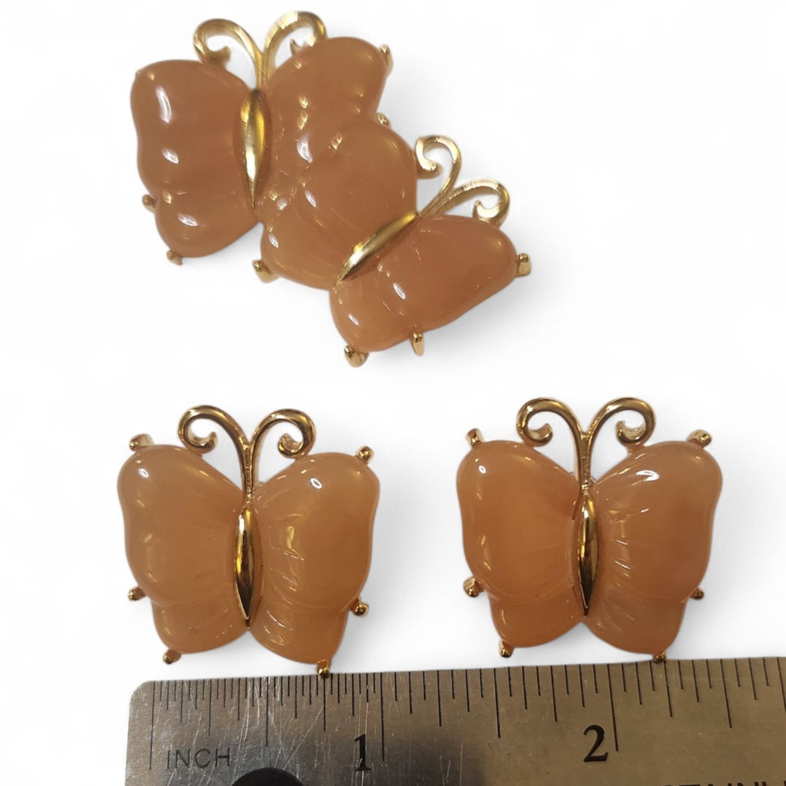 Vintage 1950s Butterfly Post Earrings & Brooch Set Pink Peach Gold Tone Jewelry