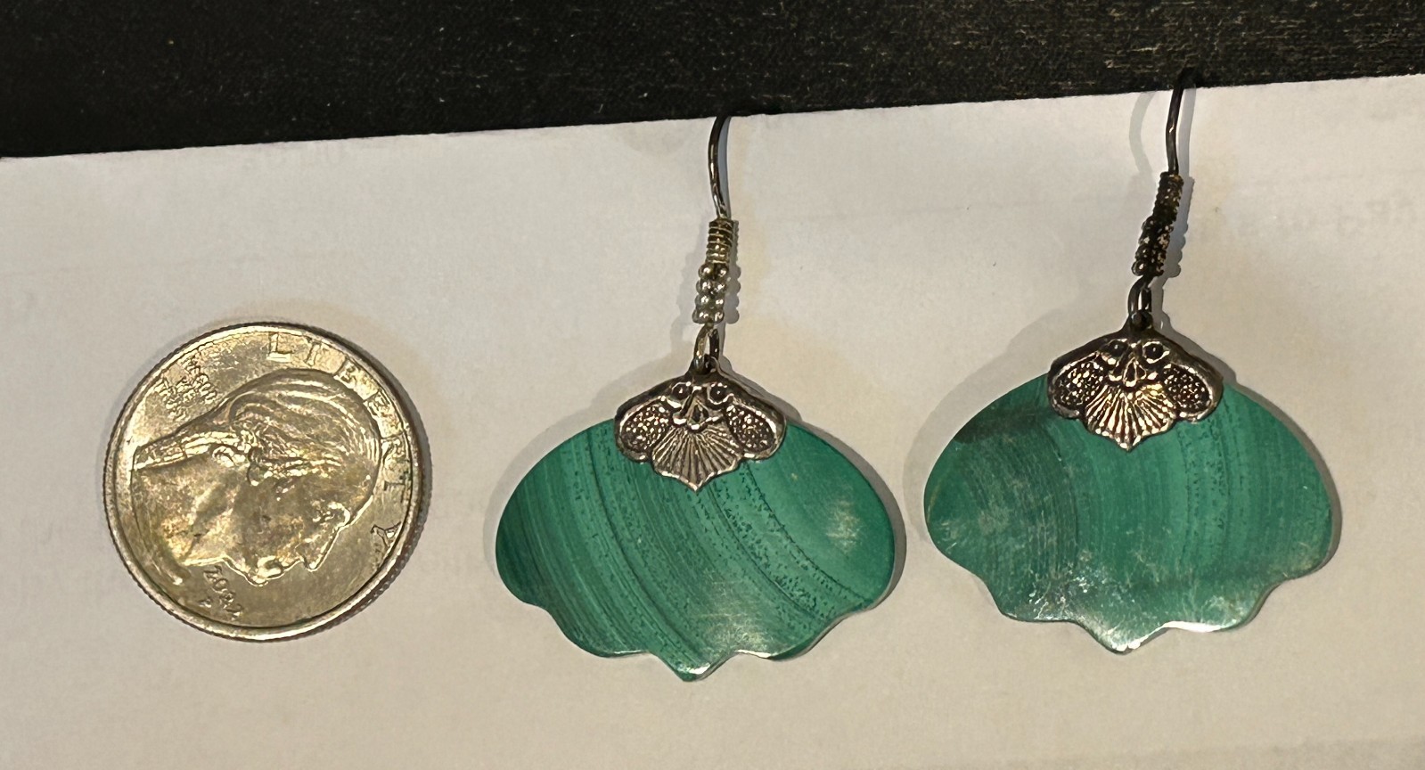 Vintage Malachite and Sterling Silver Drop Dangle Pierced Ear Hook Earrings