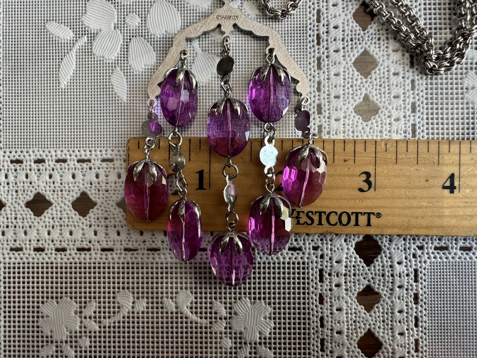 Vintage SARAH COV. silver TONE Rolo Chain&purple Chandelier Pendant Necklace