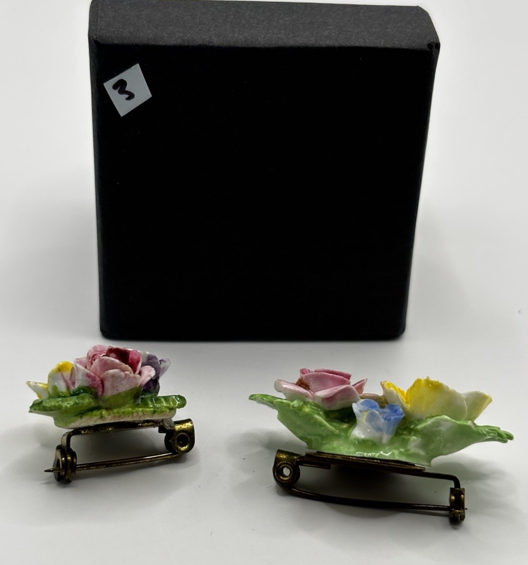 Vintage Set Of 2 Floral Bone China Pin Brooch Hand Painted In England