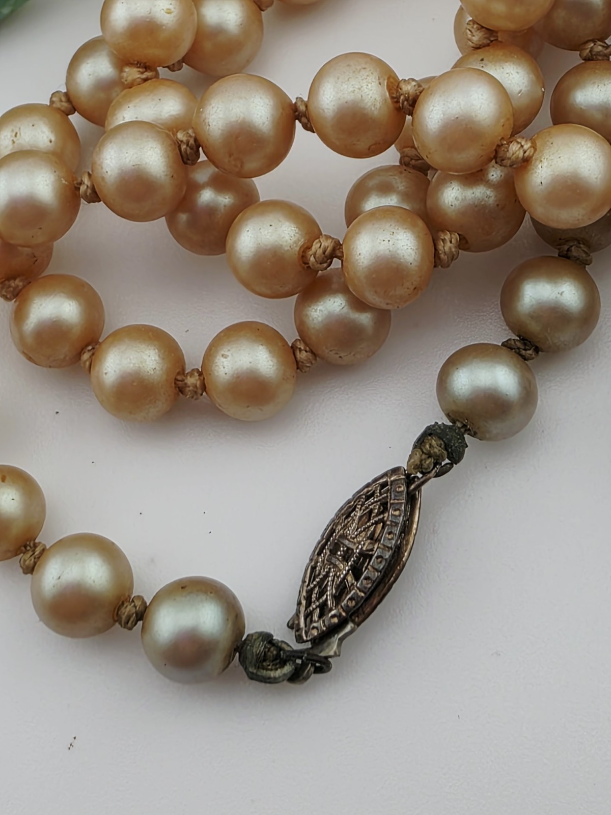 ​Vintage Hand Knotted Glass Pearl Necklace Sterling Silver Filigree Clasp 16″