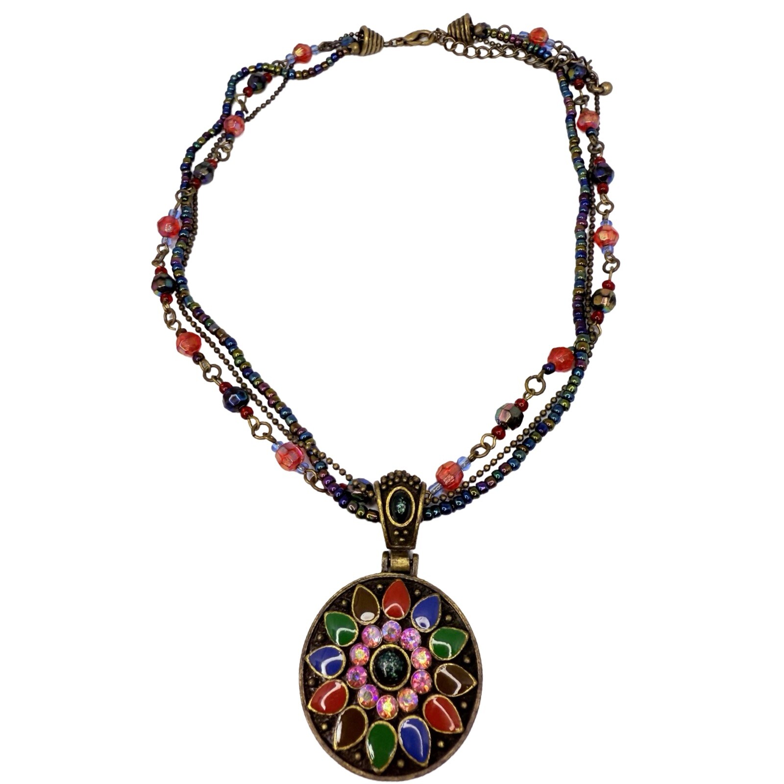 Multicolor Necklace Statement Pendant 19″ Beaded Layered Chain Bohemian