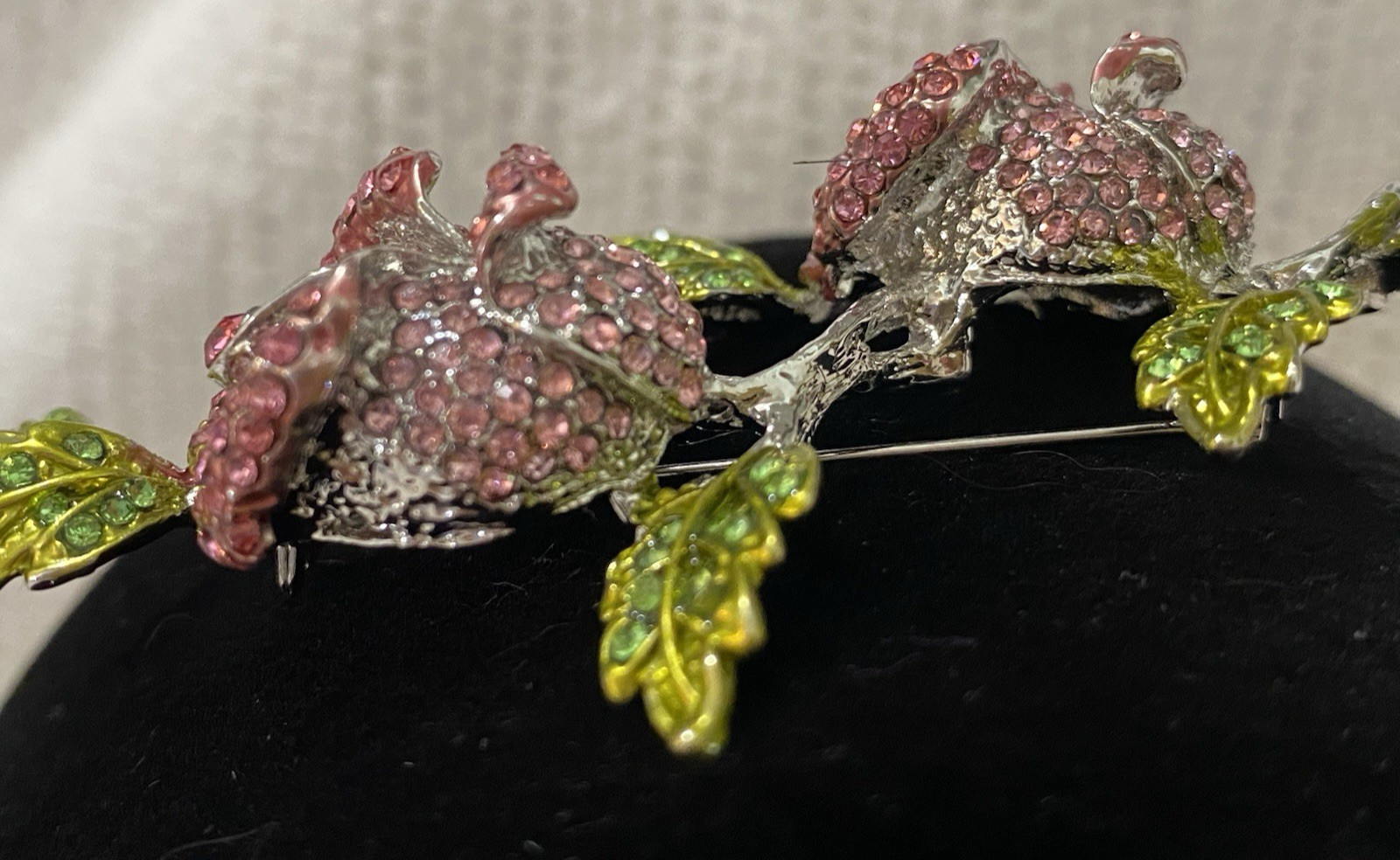 Stunning Large Vintage Pink And Green Sparkling Stones Flower Brooch