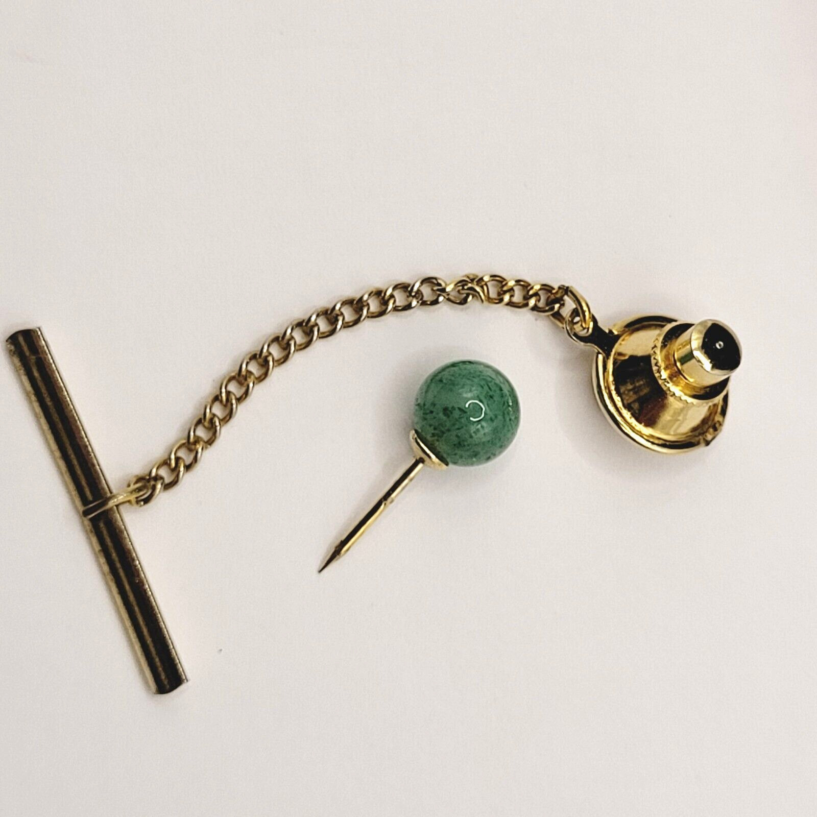 Jade Round Ball Polished Stone Gold Tone Vintage Tie Tack Pin with Chain