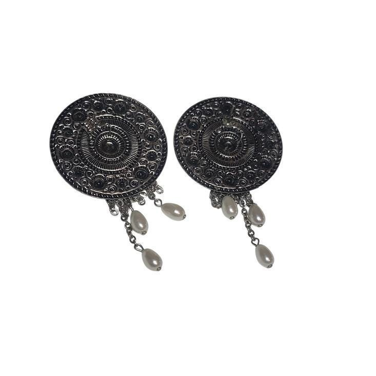 Vintage Silver Tone Medallion Chain Fringe Earrings Faux Pearl Boho Statement