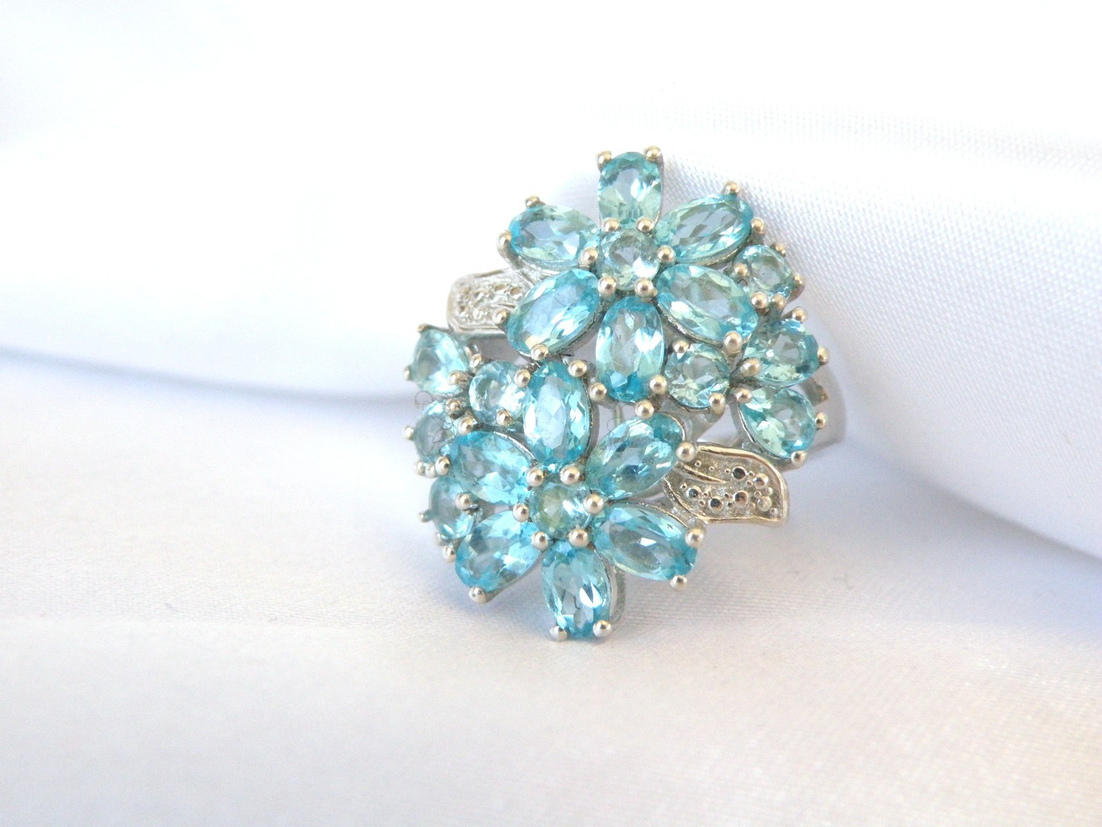 Vintage Sterling Silver 925 Cluster Natural Aqua Blue Apatite Large Ring Size 6