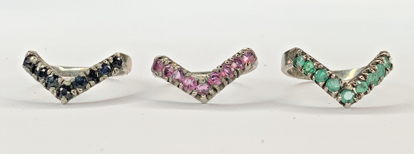 VTG Nikolas Sterling 925 Emerald Ruby Sapphire Chevron V Stackable Rings SZ 6