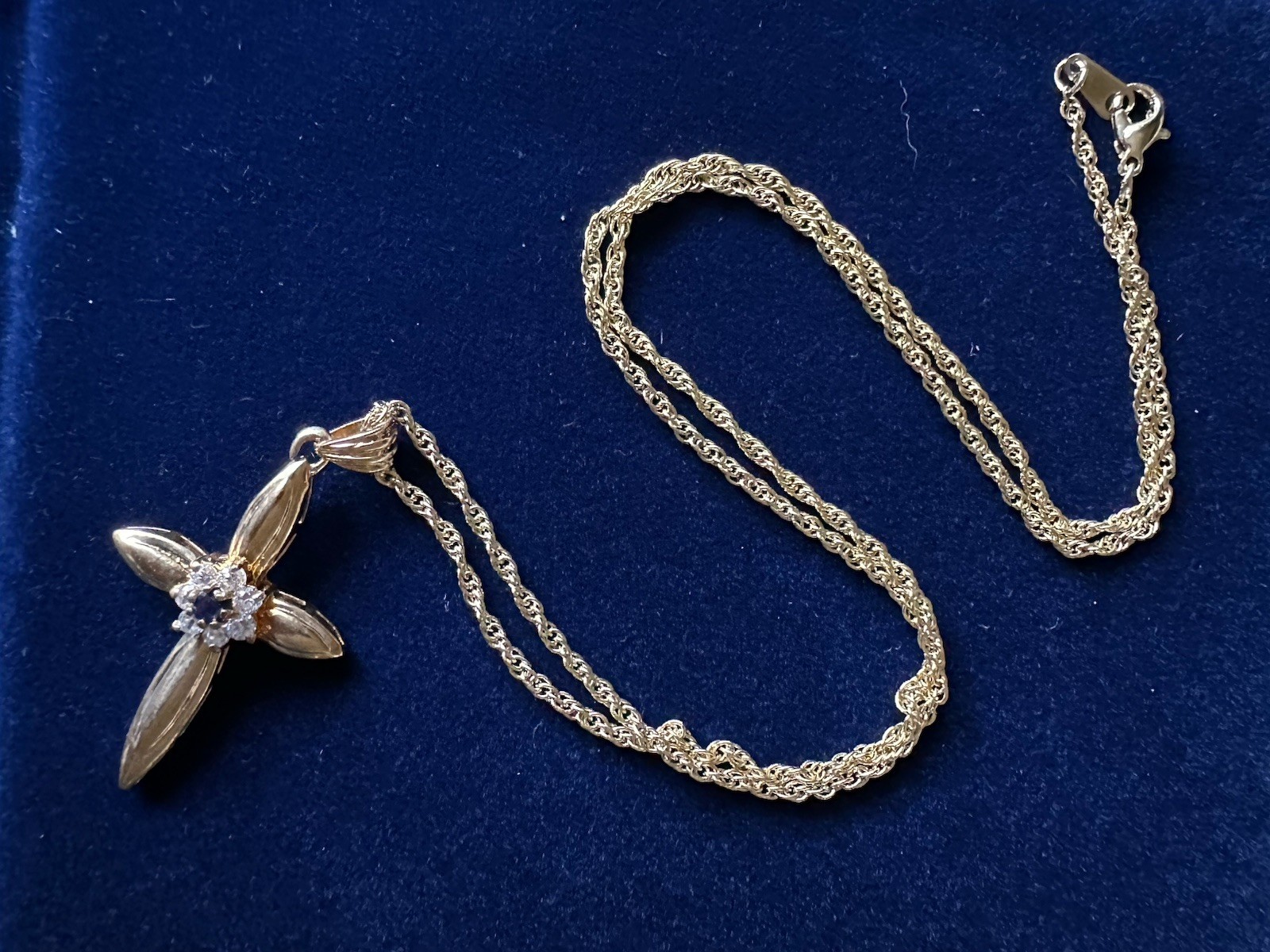 Vintage Gold Plated Cross Necklace Genuine Blue Sapphire CZ Korea Box Cert