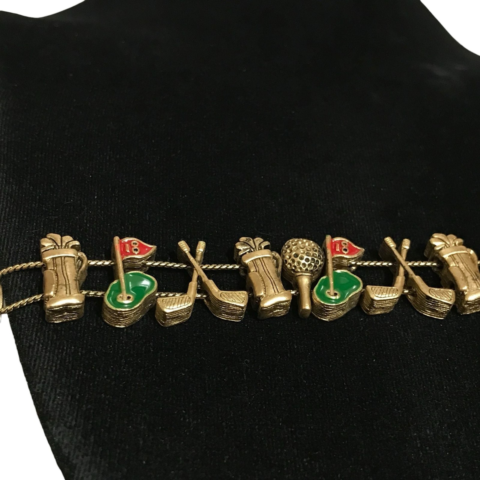 Goldette Vintage Golf Charm Slide Bracelet Gold Tone Enameled 7 Inches
