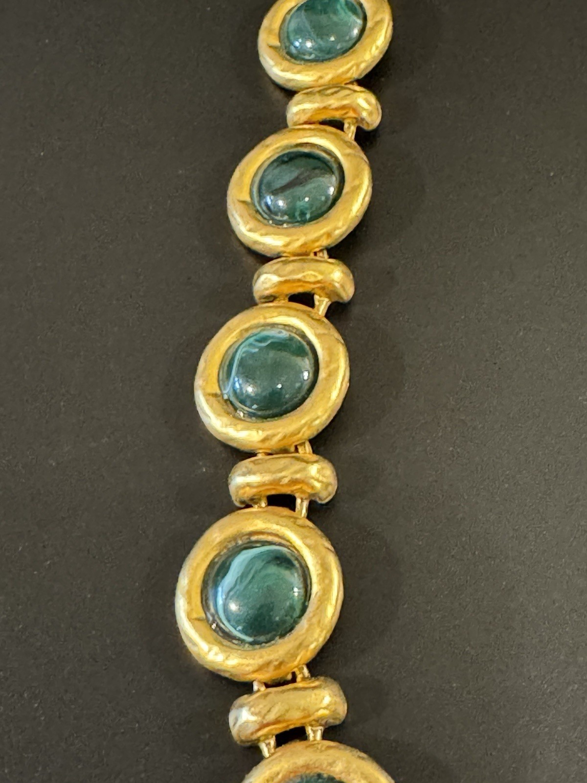 Vintage 16” Green Glass Cabochons Gold Tone Necklace